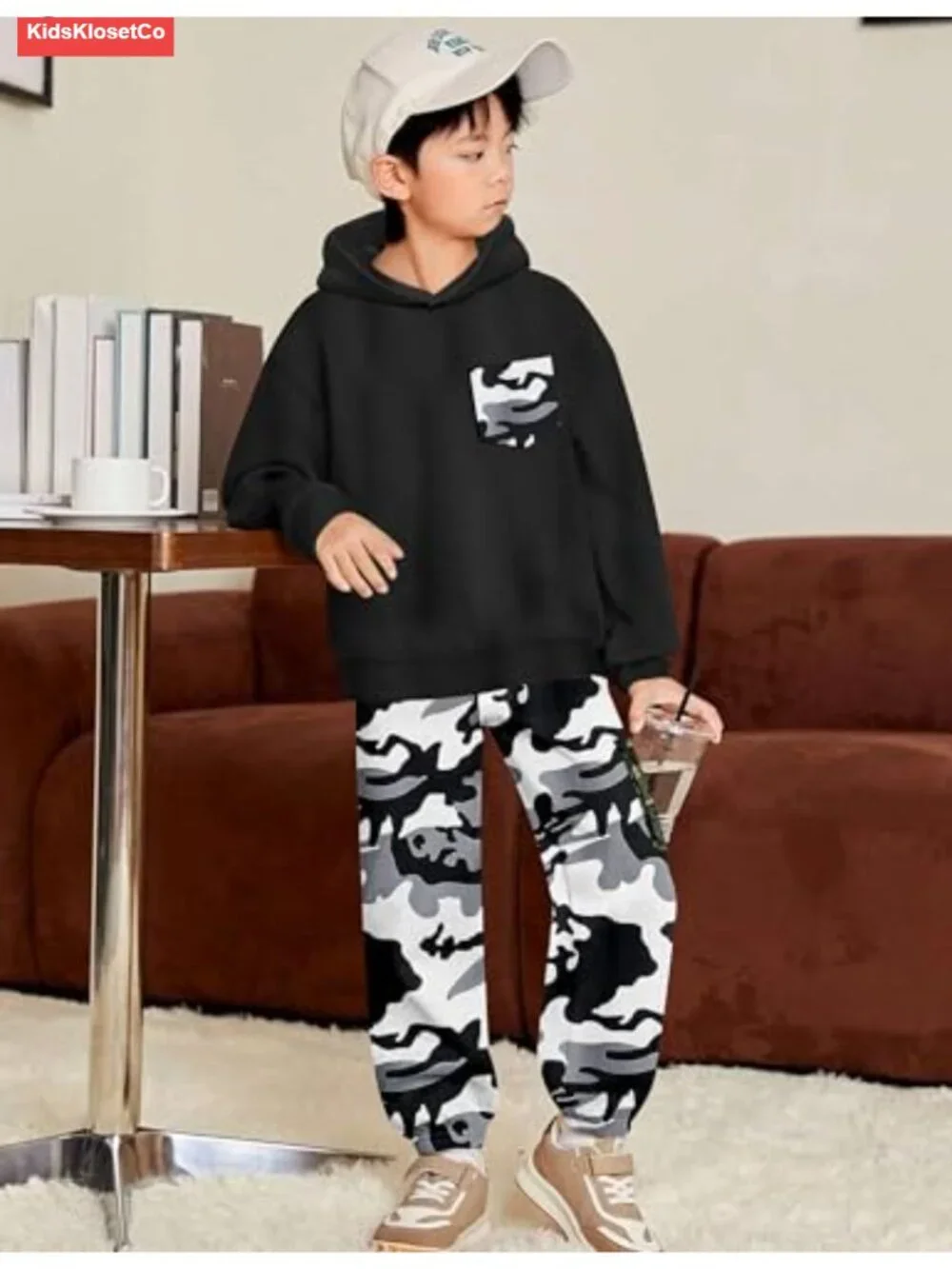 Boys Long Sleeve Hooded Sweatshirt and Camo Jogger Set